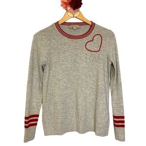 LOFT sweater lightweight gray red stripe love heart stitching size small